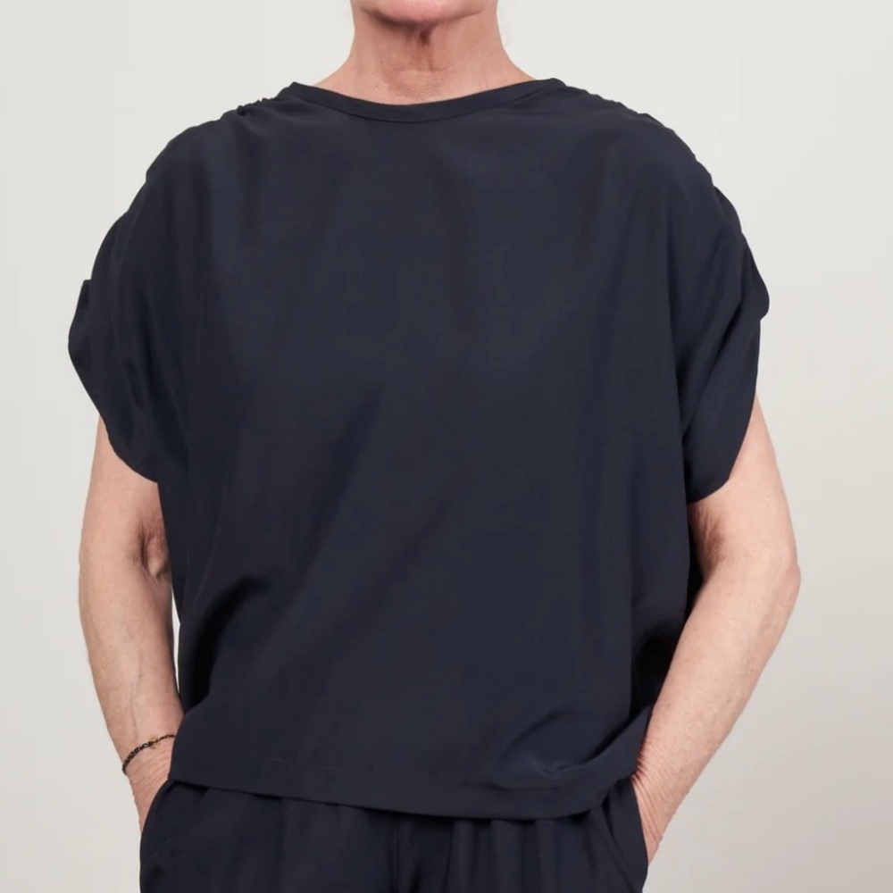 Zero + Maria Cornejo Navy Ruched Sleeve Blouse